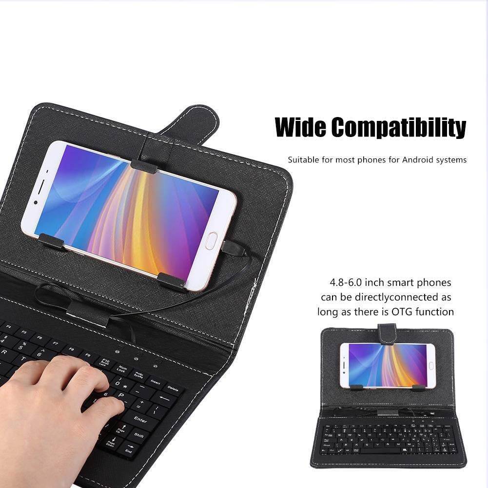 Keyboard Ponsel dengan Casing Pelindung untuk Fungsi OTG Casing Kulit PU Berkabel USB Keyboard Stand Holder Penutup Pelindung Ponsel untuk Android