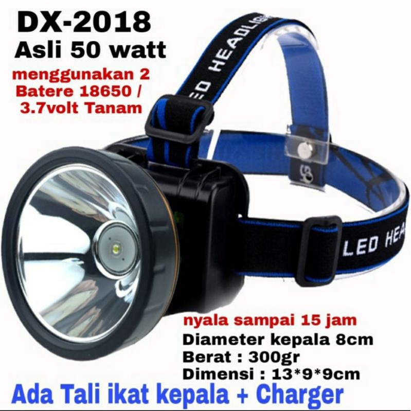 Senter Kepala Led 50 Watt Charger DX 2018/ Senter Headlamp 50Watt Super Terang