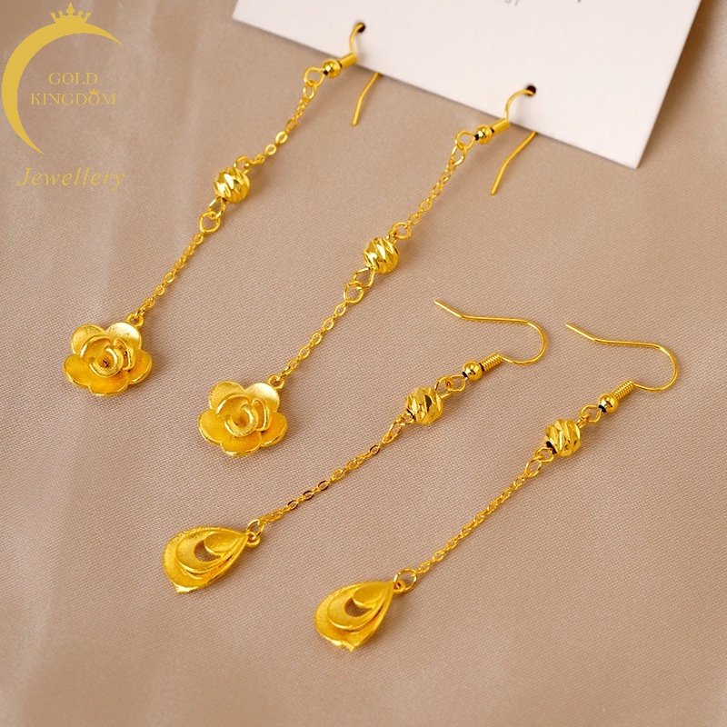 Anting Stud Desain Bunga Labu Lapis Emas Asli Kadar 375 Gaya China Untuk Wanita