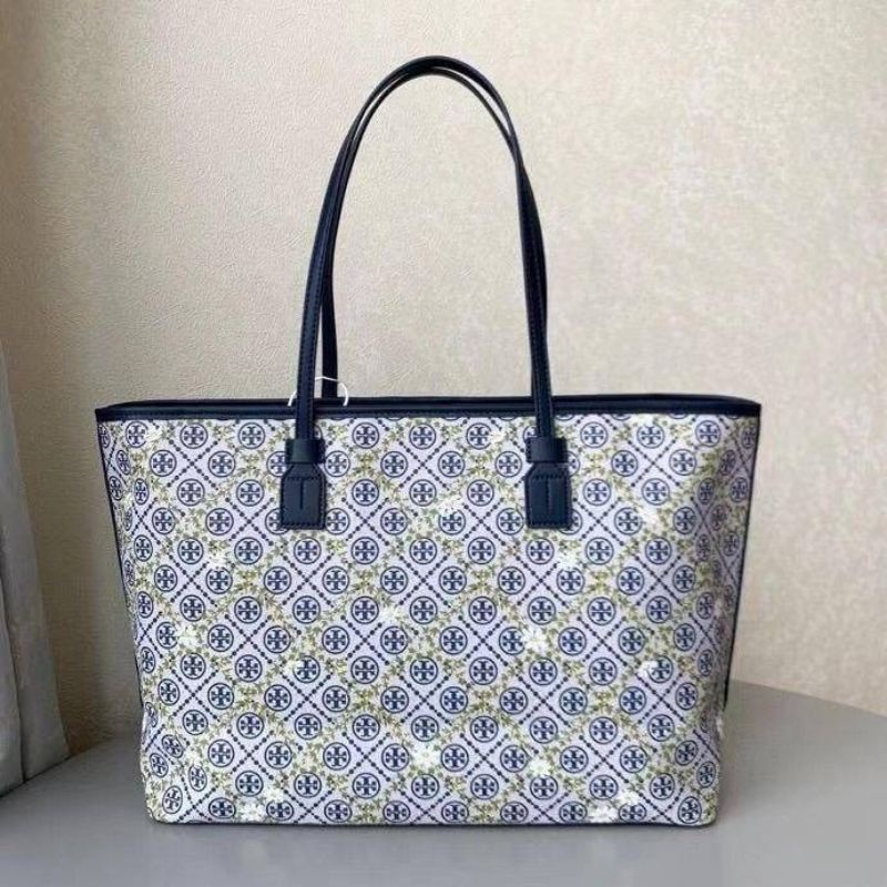 TORY BURCH T Monogram Floral Vine Small Top-Zip Tote Bag (Navy)