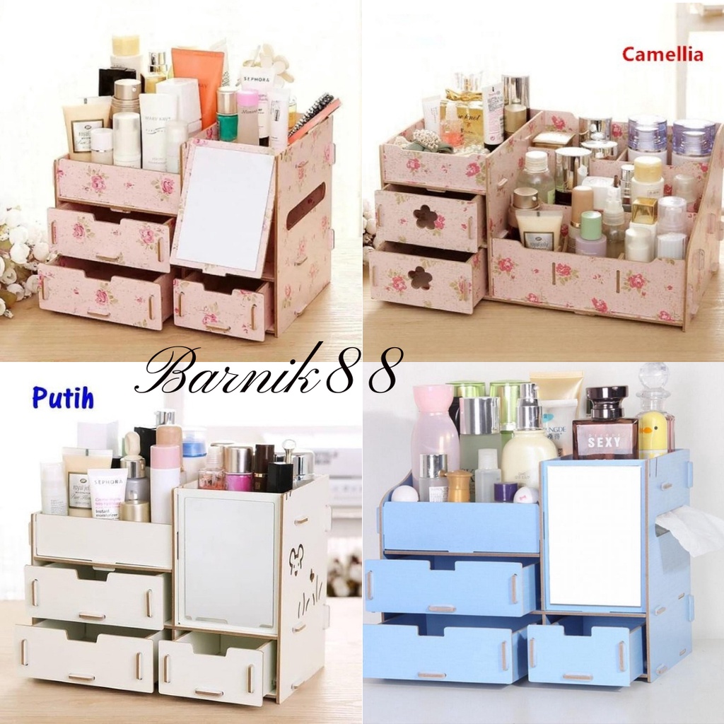 Barnik88 Rak Kosmetik Kotak Penyimpanan Make Up Organizer Make Up Storage Bahan Kayu Motif Bunga Motif Polos Plus Kaca Cosmetic Stroge