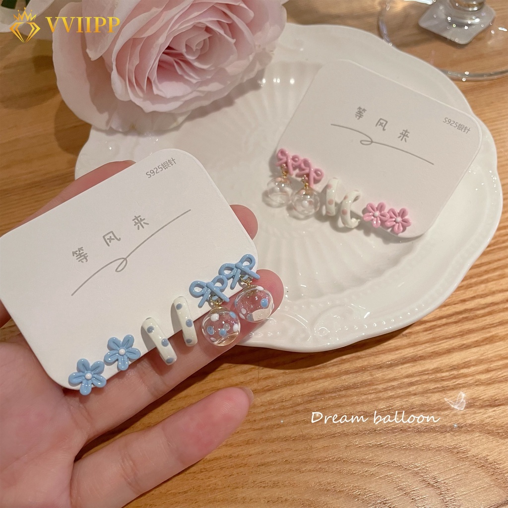 Anting Stud Desain Bunga Pita Warna Pink Biru Untuk Wanita