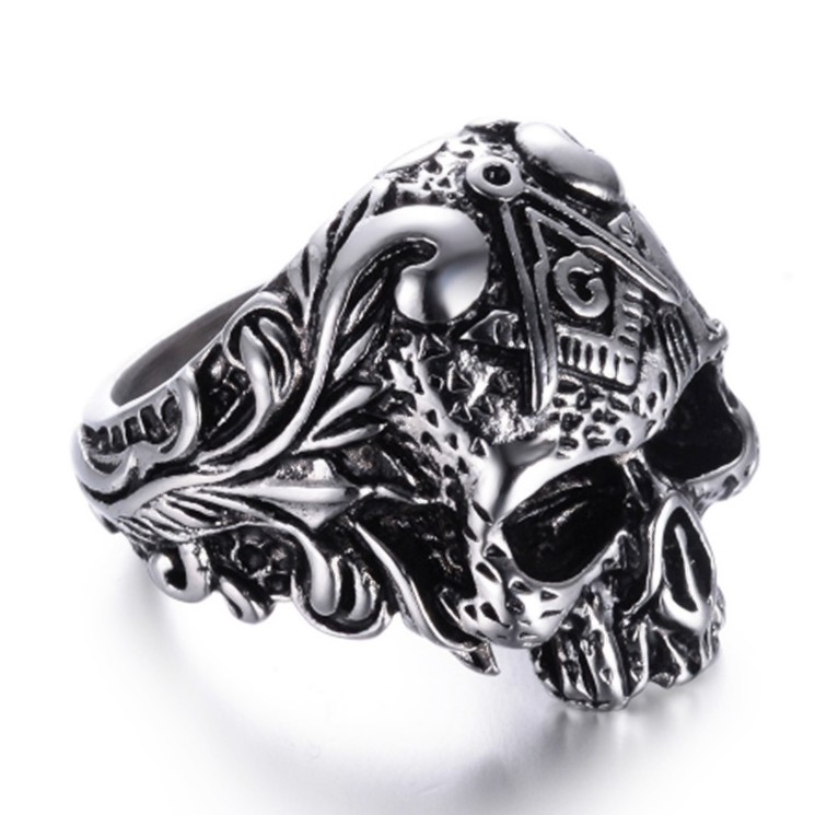 SEUSUK  Cincin Motif Kepala Tengkorak masonic Klasik Bahan Stainless Steel 316L untuk Pria