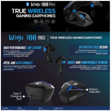 Earphone gaming sades bluetooth 5.0 Tws True wireless tap control wings 100 pro wings100 - in ear