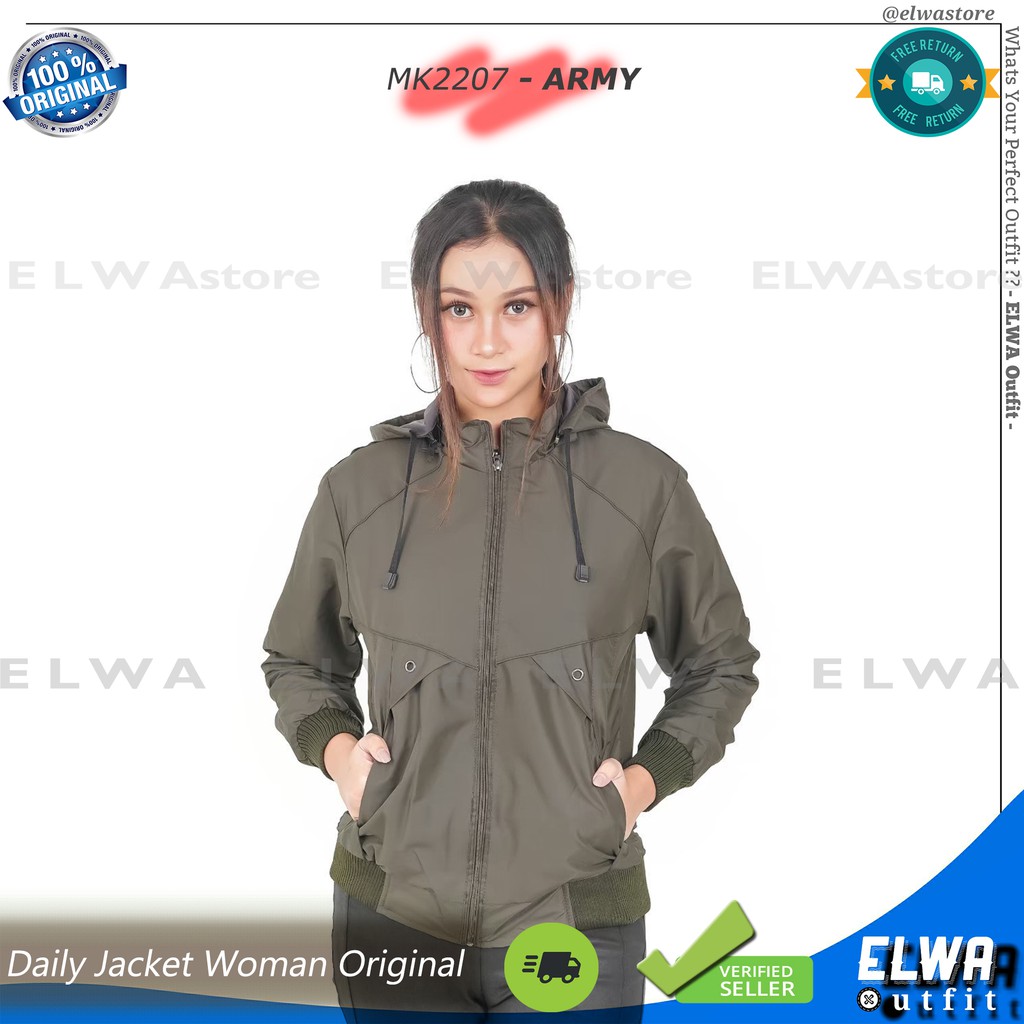 ZIPPER MK2207 BANYAK WARNA Jaket Hoodie Wanita Parasut Jaket Cewek Motor Original Distro Murah-Army