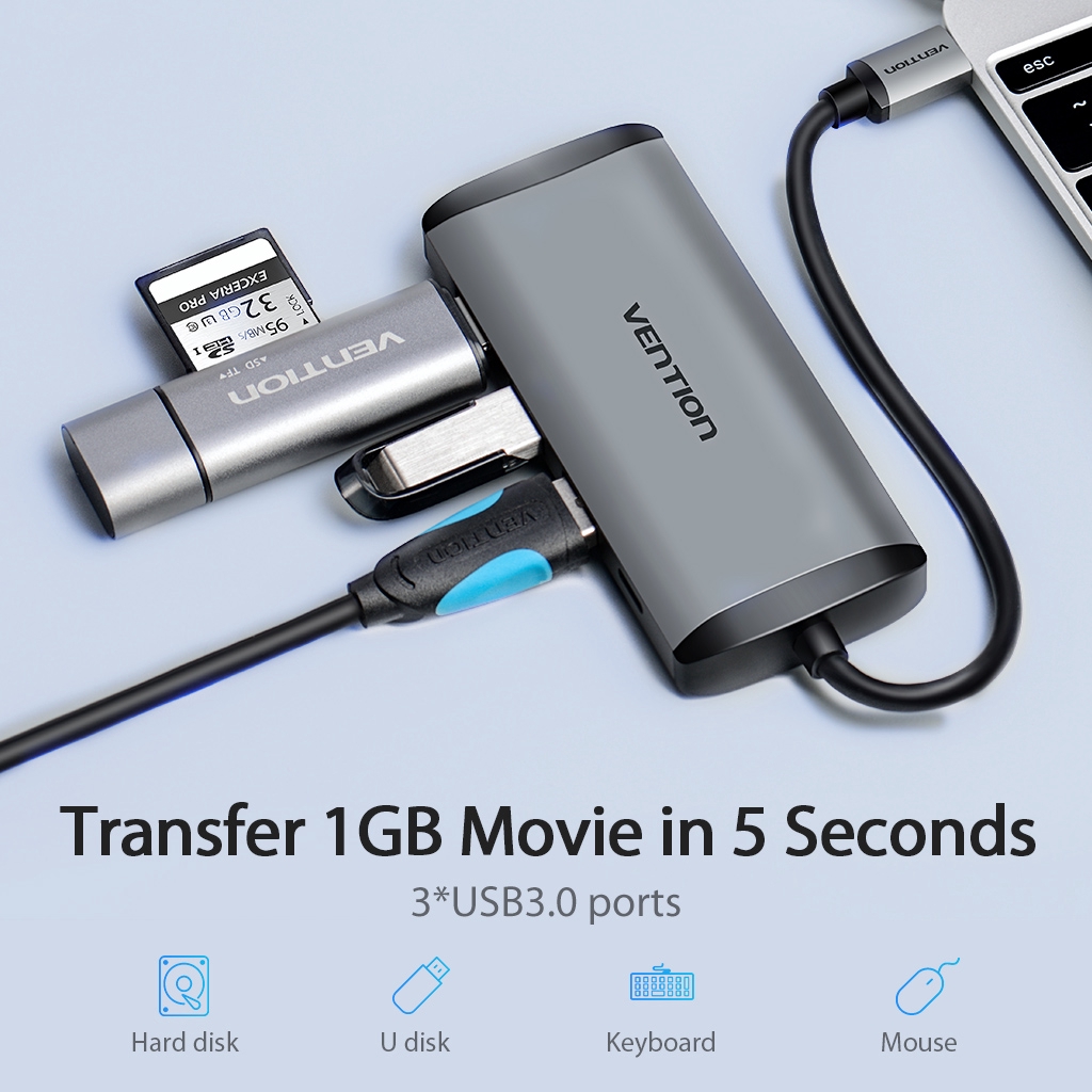 Vention USB C Hub 5 in 1 Adapter Konverter Tipe C Ke USB 3.0/ Hdmi / Pd Type C Hub Splitter