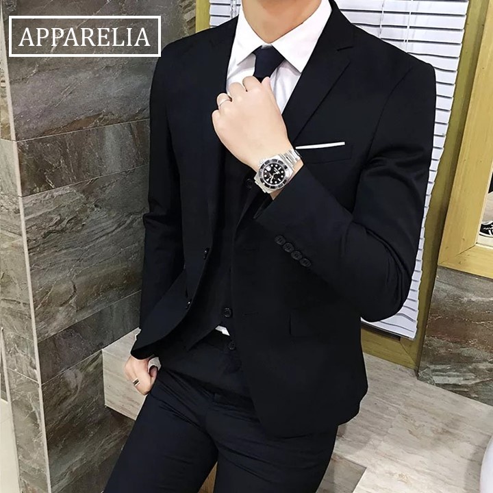 SETELAN JAS PRIA FULL HITAM LIST PUTIH KANCING 2 PAKET SUPER LENGKAP 5IN1 - SLIM FIT FORMAL BLACK SM