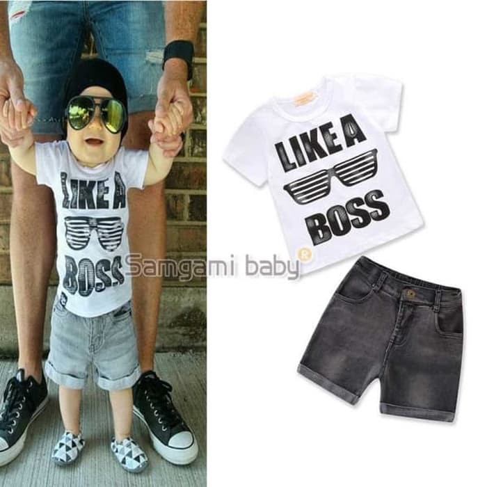 Baju Setelan Anak Laki Import Kaos Putih Like a Boss Jeans Pendek