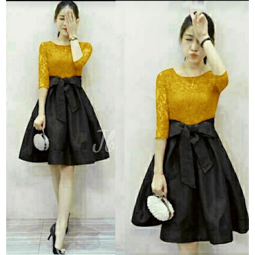 MEILAN MUSTARD Pakaian Mini Dress Wanita Kondangan Natal Pesta Korea Import Party Casual Dress Jumbo