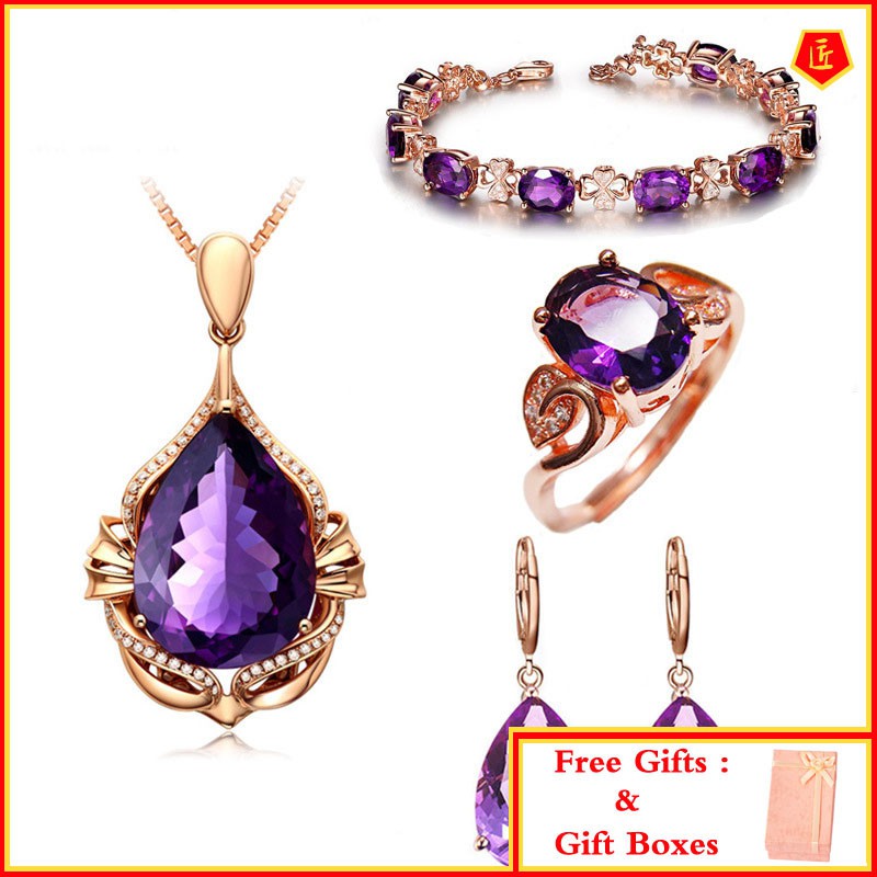 [Ready Stock]Set Bracelet Purple Diamond Ring Stylish Pendant Earrings