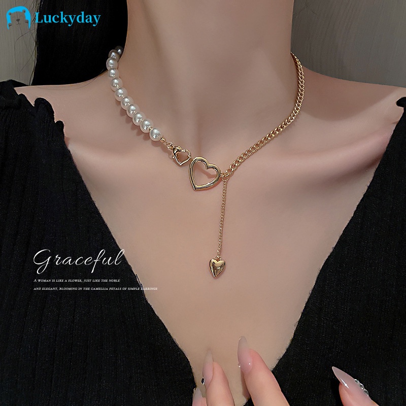 YEEZII Kalung Rantai Choker Liontin Mutiara Hati Warna Emas Untuk Wanita