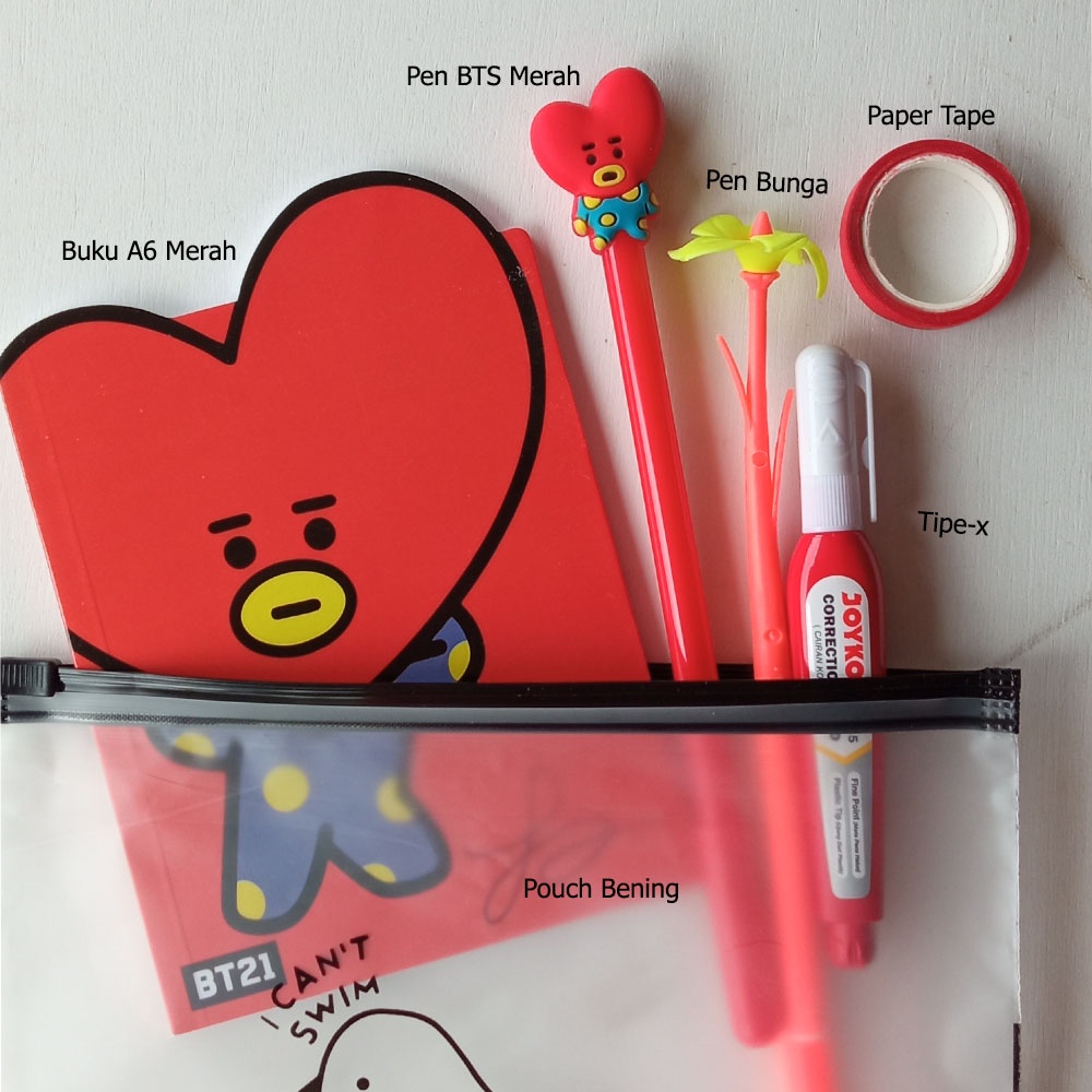 

PAKET ALAT TULIS / ALAT TULIS SET KPOP / STATIONERY SET / BUKU A6 TATA PULPEN KARAKTER BTS21 TIPE-X