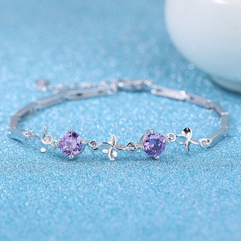 gelang perak 925 asli untuk wanita Perhiasan Fashion bunga ungugelang tangan perempuan