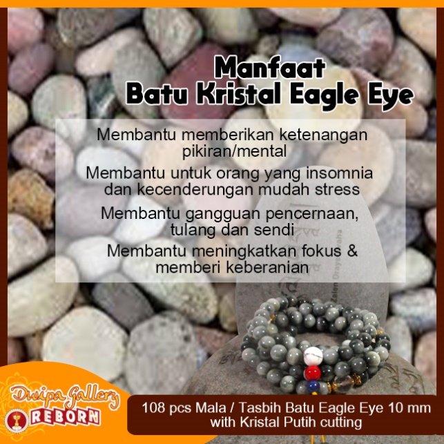 Tasbih / Mala Buddha 108 Batu Eagle Eye 10 mm with Kristal Putih cut