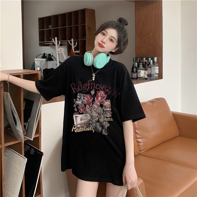 korean style Retro Printed T-shirt/Kaos Wanita Oversize SPACE Katun Baju Atasan Tumblr Tee Fashion T Shirt Cewek Perempuan Lengan Pendek