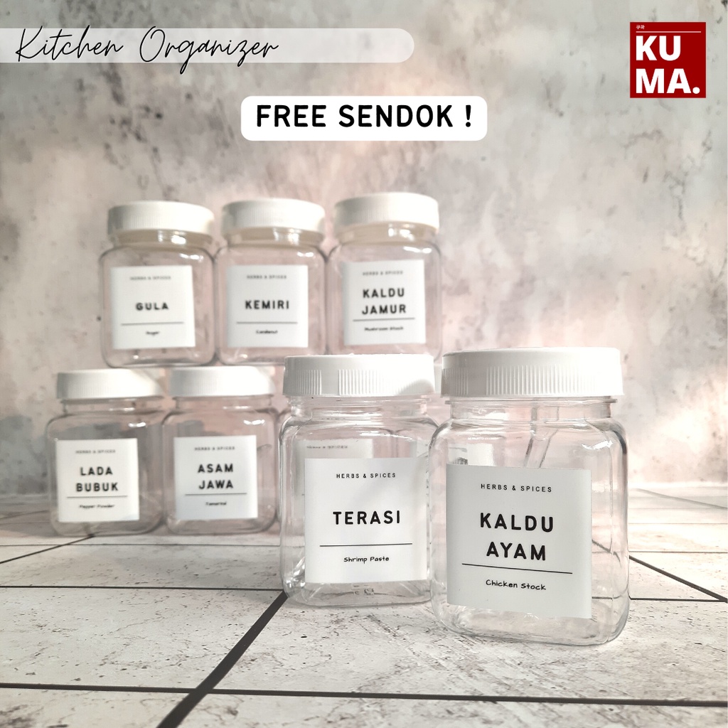 KUMA Toples Tempat Bumbu Dapur 200ml Set Aesthetic Free Sendok Label Waterproof