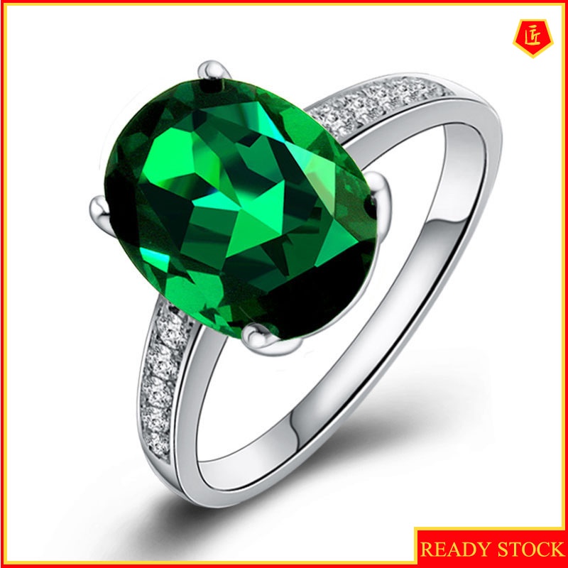 [Ready Stock]925 Silver Green Crystal Tourmaline Ring 18K White Gold Elegant Fashion