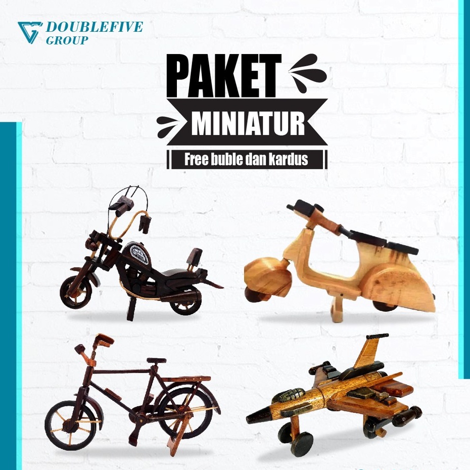 Miniature Paket G isi 4pcs - Miniatur dari Kayu [Vespa,Pesawat,Harley,Sepeda]