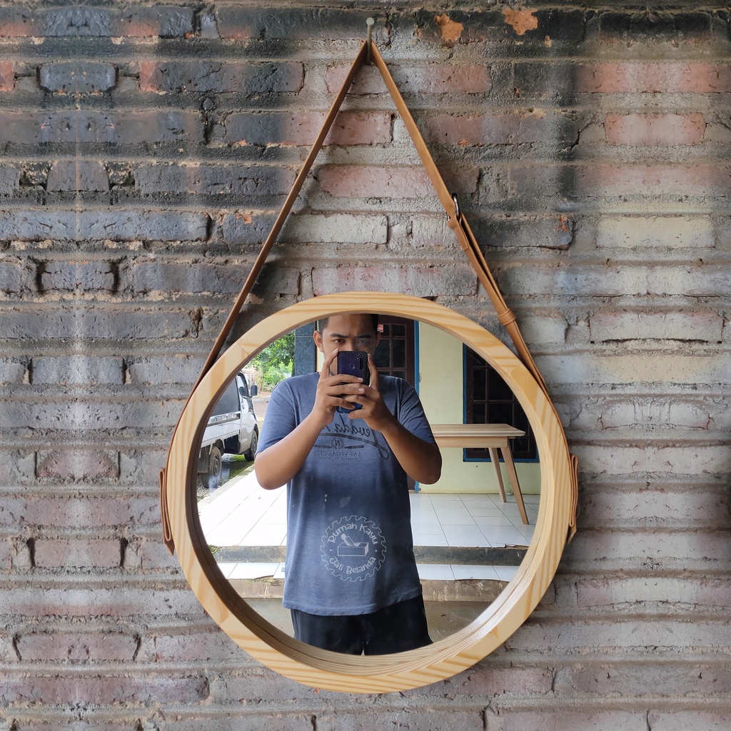 Cermin bulat/bundar diameter 50cm | tali strap / sabuk | frame kayu solid jati belanda