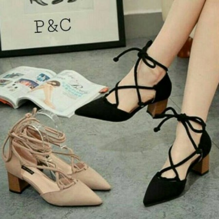 NunuLisaTan - 2 Warna Termurah HEELS TAHU Suede Block Moka Hitam