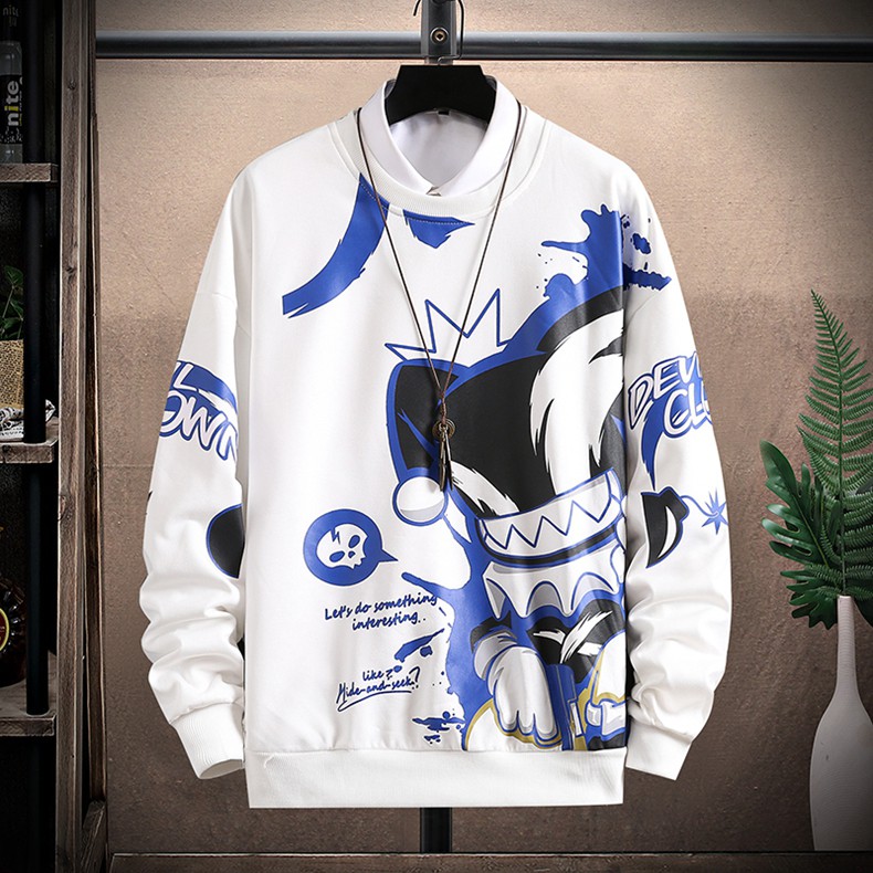 Sweater Pria Lengan Panjang Motif Print Sweatershirts Hoodie Bahan Poliester W9938A