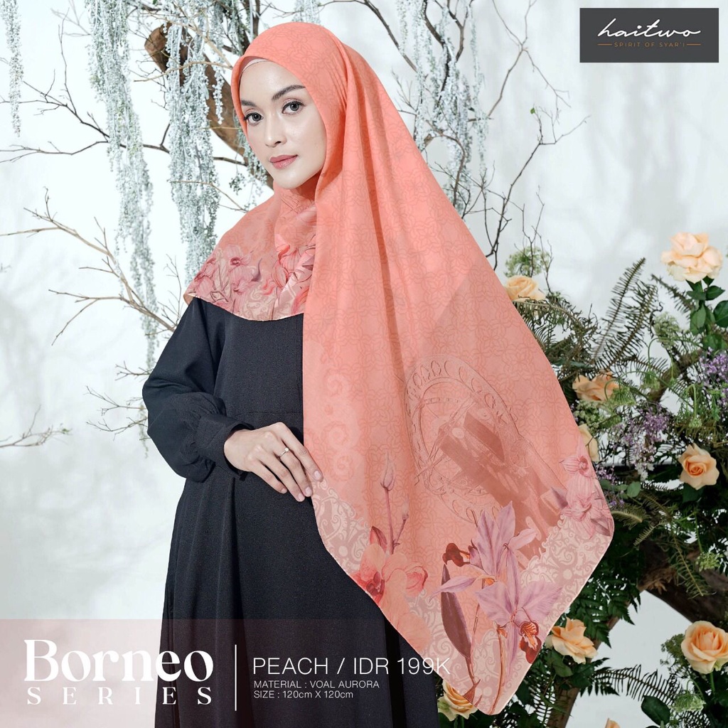 Haitwo Borneo Series Hijab Segi Empat Motif Bahan Voal Aurora Muslimah OOTD