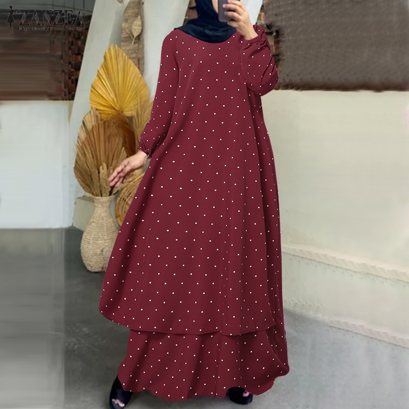 ZANZEA Women Elegant Polka Dot Long Sleeve O-neck Ruffle Muslim Maxi Dress