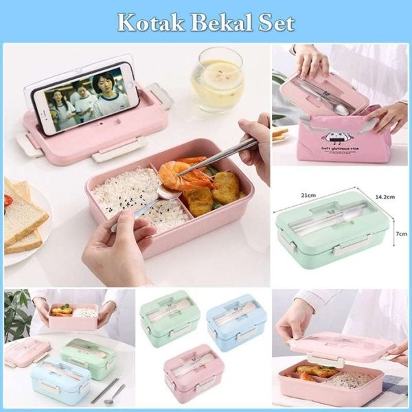 Lunch Box Set Jerami Gandum I Kotak Makan 3 Sekat Premium KTM-04