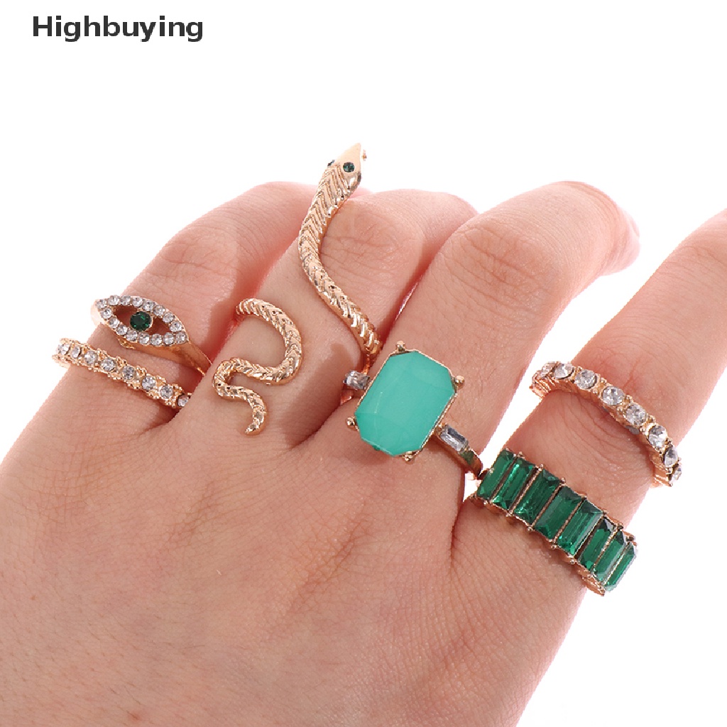 Hbid 6pcs / set Cincin Metal Vintage Adjustable Desain Ular Hias Kristal Berlian Imitasi Hijau Untuk Wanita