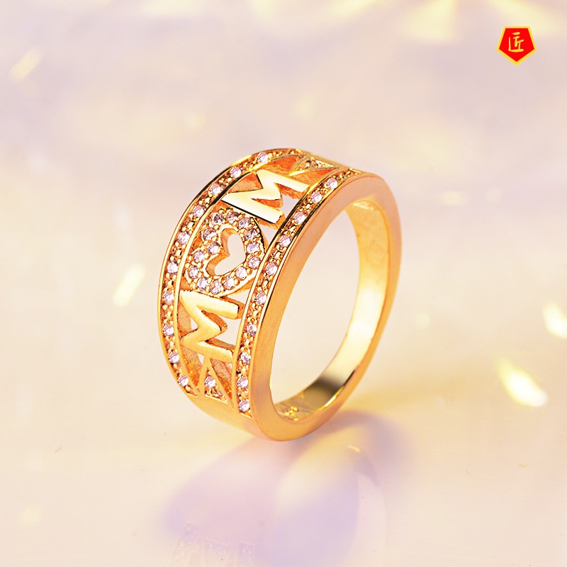 [Ready Stock]Platinum Diamond-Embedded MOM Heart-Shaped Ring Female