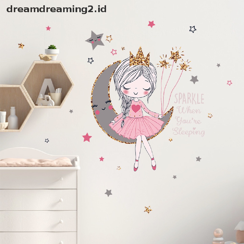 Stiker Dinding Dengan Bahan Mudah Dilepas Gambar Kartun Princess Di Bulan Untuk Dekorasi Kamar Anak
