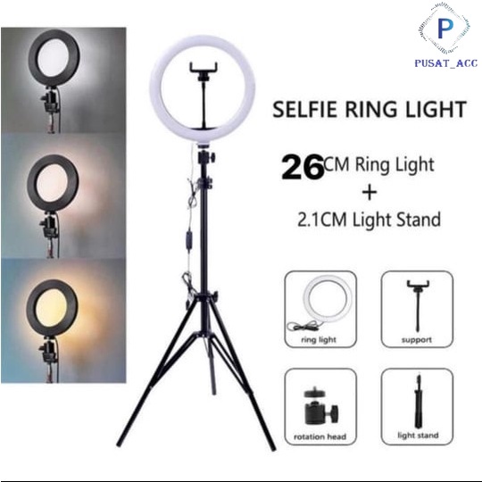 Paket 1 - RING LIGHT LED 26CM +Tripod 2 M Make Up Vlog Lampu Ringlight