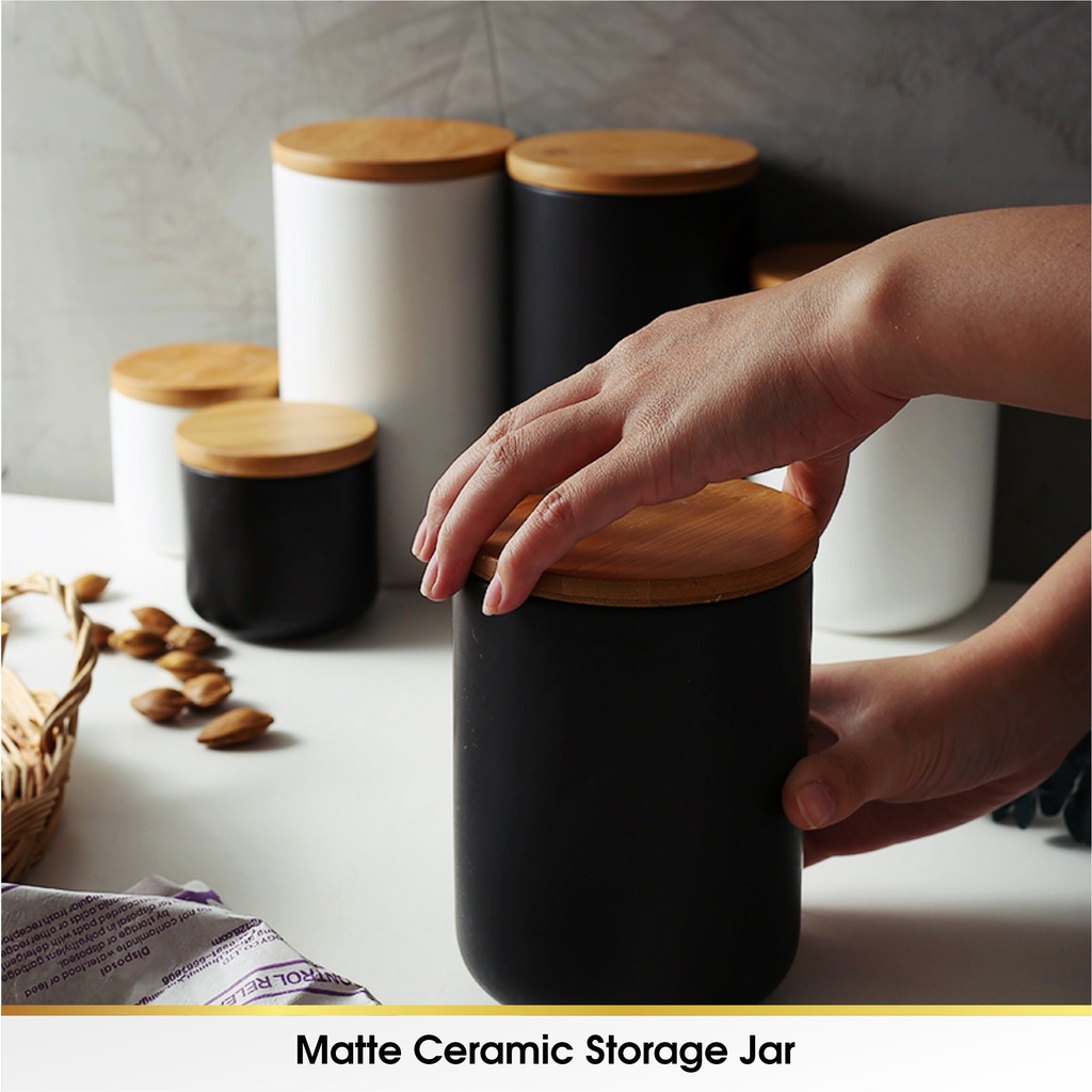 Toples Tabung Keramik Kue Kering Storage Kedap Udara Snack Jar Lilin Bumbu Tutup Kayu Cantik Mewah