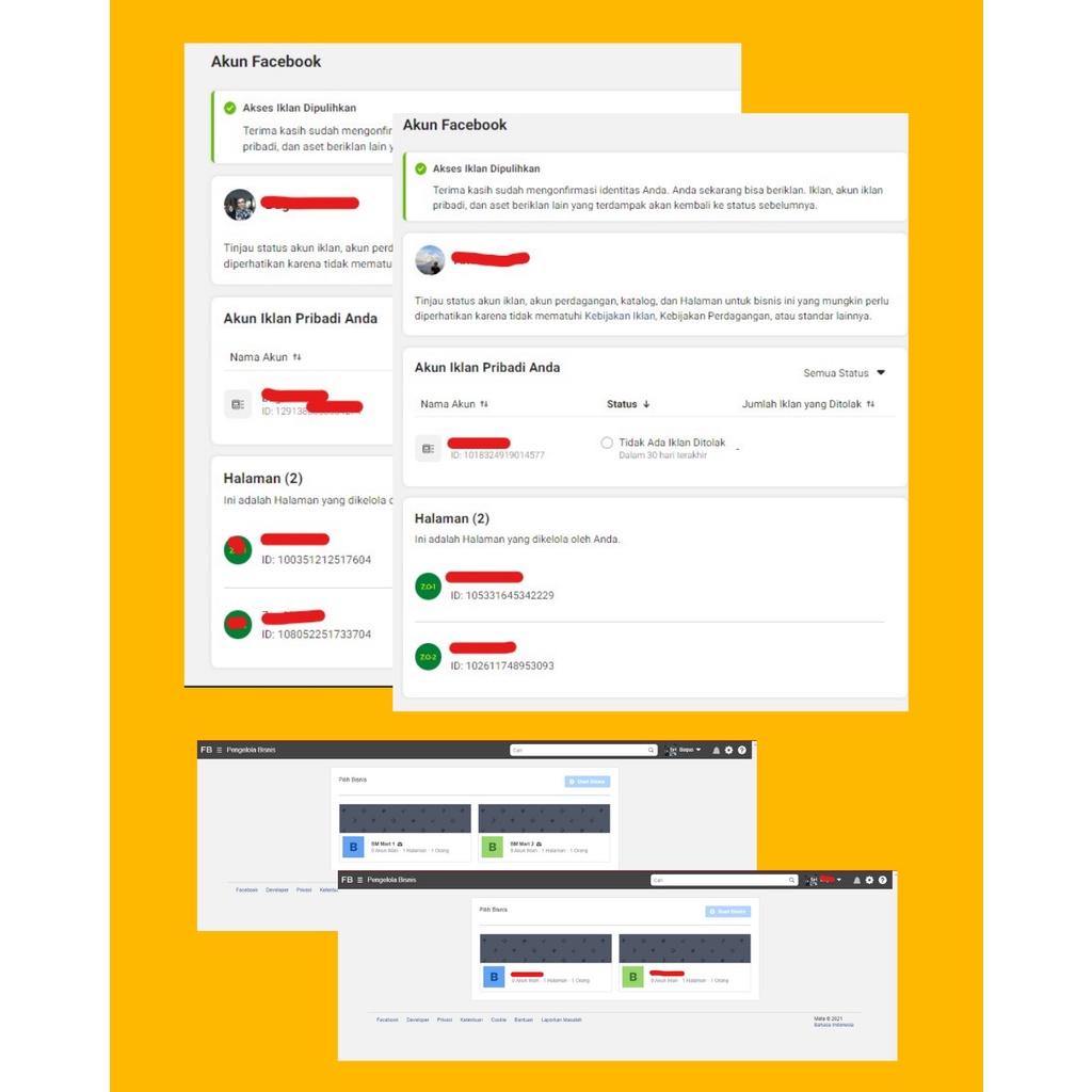 Akun Facebook Ads Reinstate / Dipulihkan isi 2 BM & 2 Fanpage