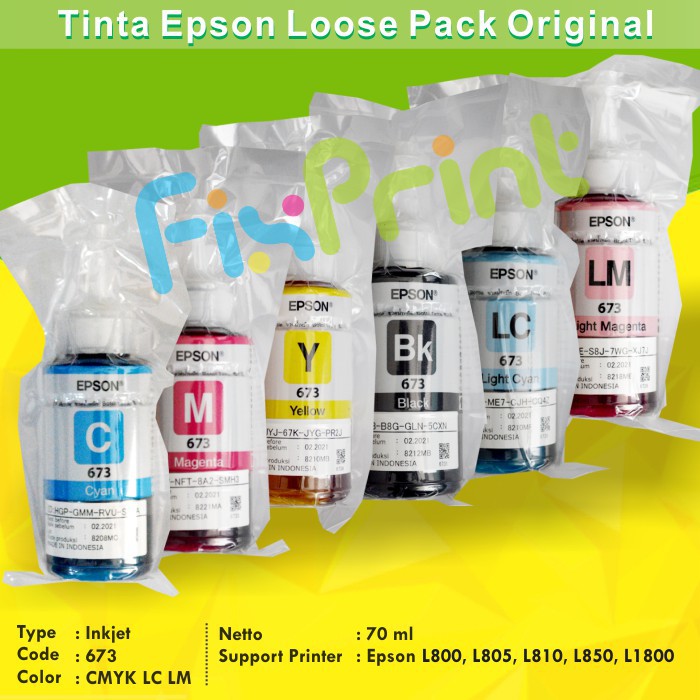 Tinta Original Epson 673 T673 Refill Printer L800 L805 L810 L850 L1300 L1800 Ori Black Color