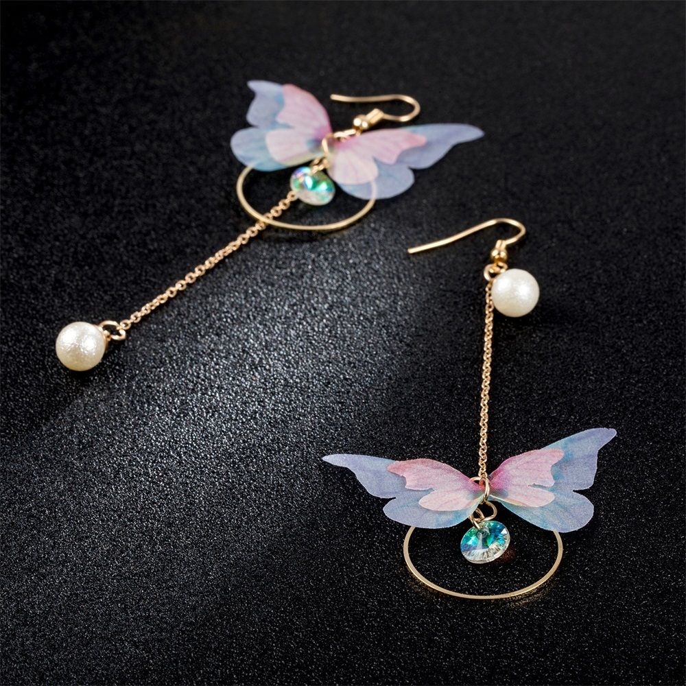 Needway  Retro Earrings Alloy Earrings Jewelry Imitation Pearl Asymmetrical Wings Long Exquisite Butterfly