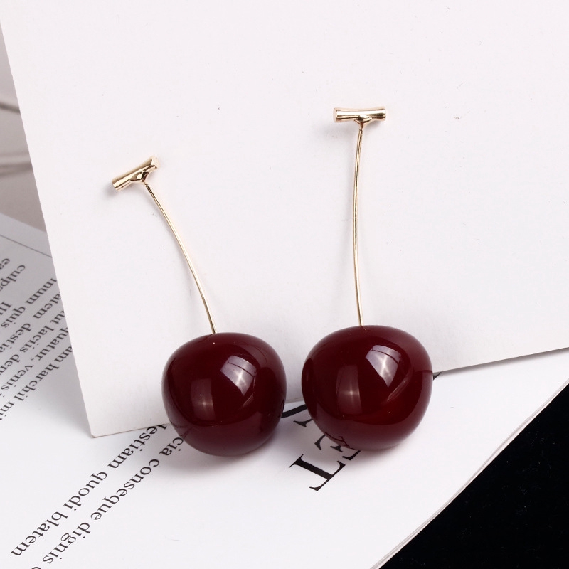 Anting Panjang Desain Buah Cherry Bahan Resin Gaya Korea Untuk Wanita