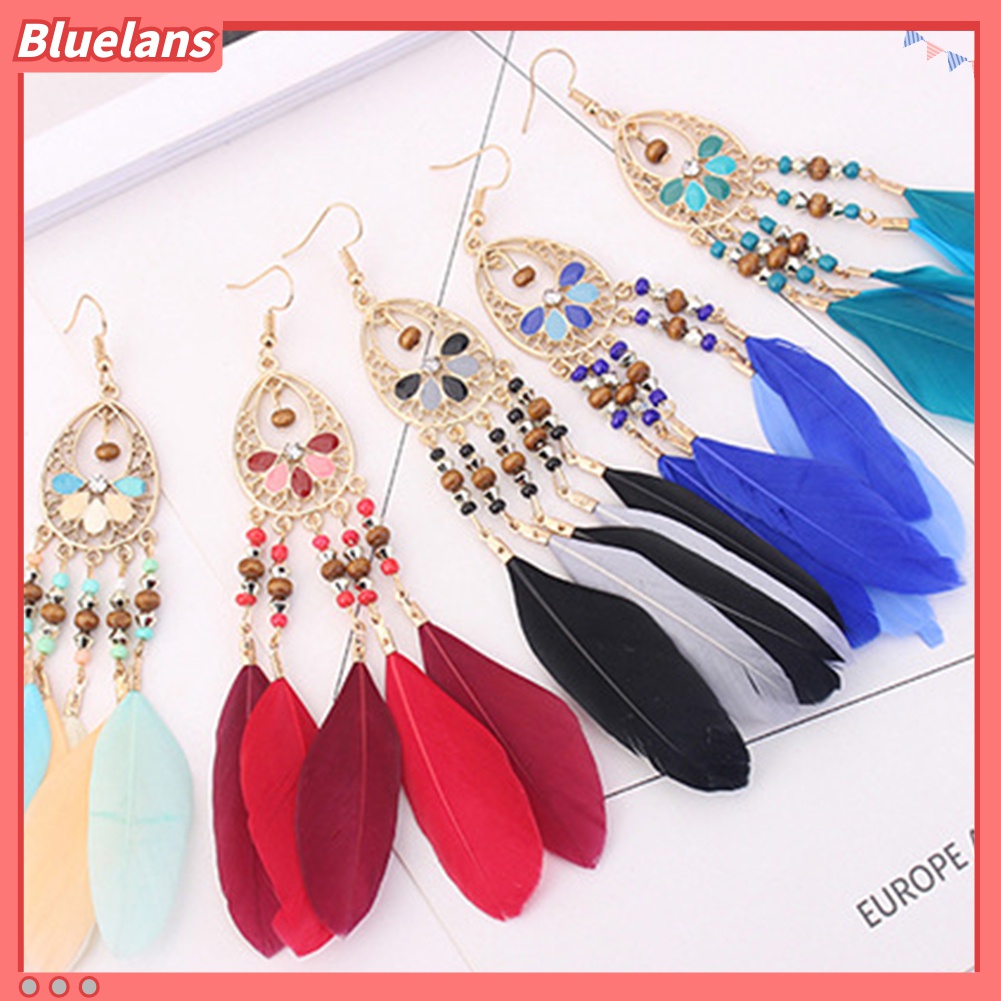 Anting Rumbai Bulu Manik-Manik Oval Warna-Warni Model Hollow Out Gaya Boho Untuk Wanita