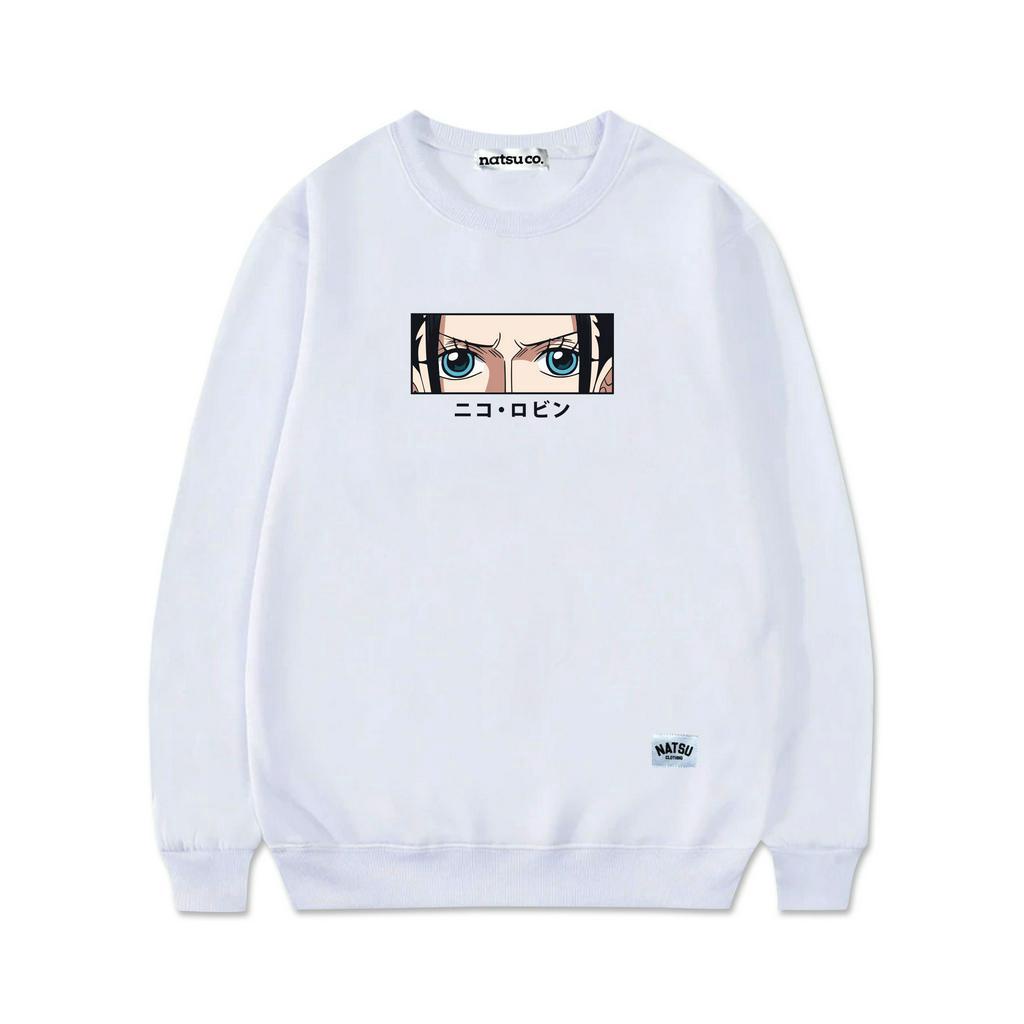 natsu.co Sweater Crewneck Pria Wanita Anime One Piece JPN Nico Robin White Putih