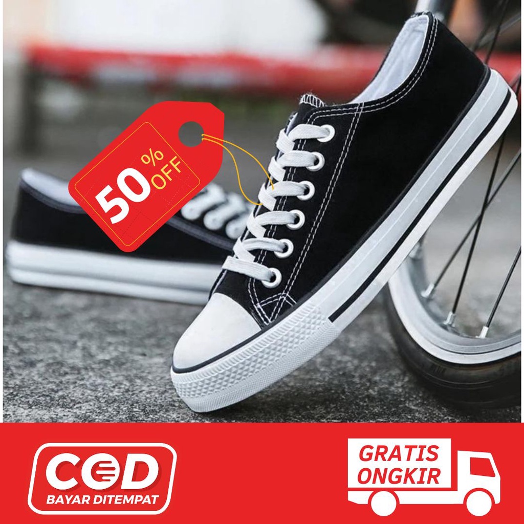 Sepatu Converse Klasik Pria Wanita Spatu Sneaker All Star Low Polos Hitam Putih Sepatu Sekolah Anak 