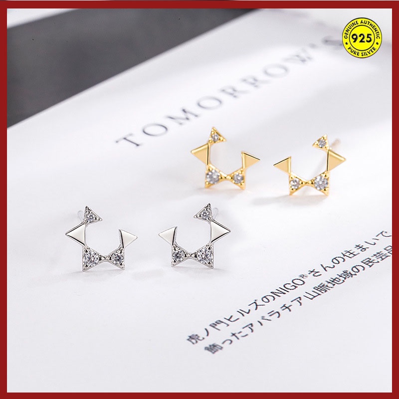 Anting Tusuk Sterling Silver Model Pentagram Terbuka Aksen Berlian Mini Untuk Wanita