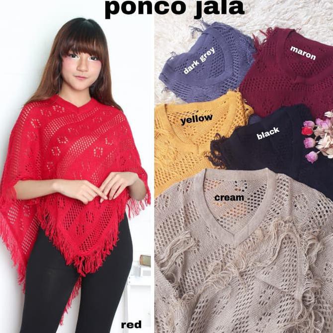 Ponco jala jala RO Ponco wanita rajut merah