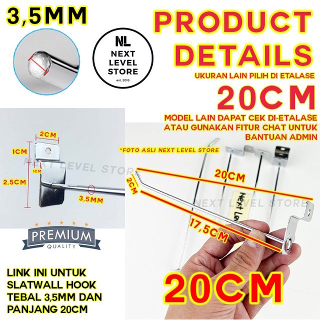 Slatwall Hook Cantolan 20 CM TEBAL 3,5mm Stainless Slat Slot Wall Jepit Gantungan Rak Display Aksesoris