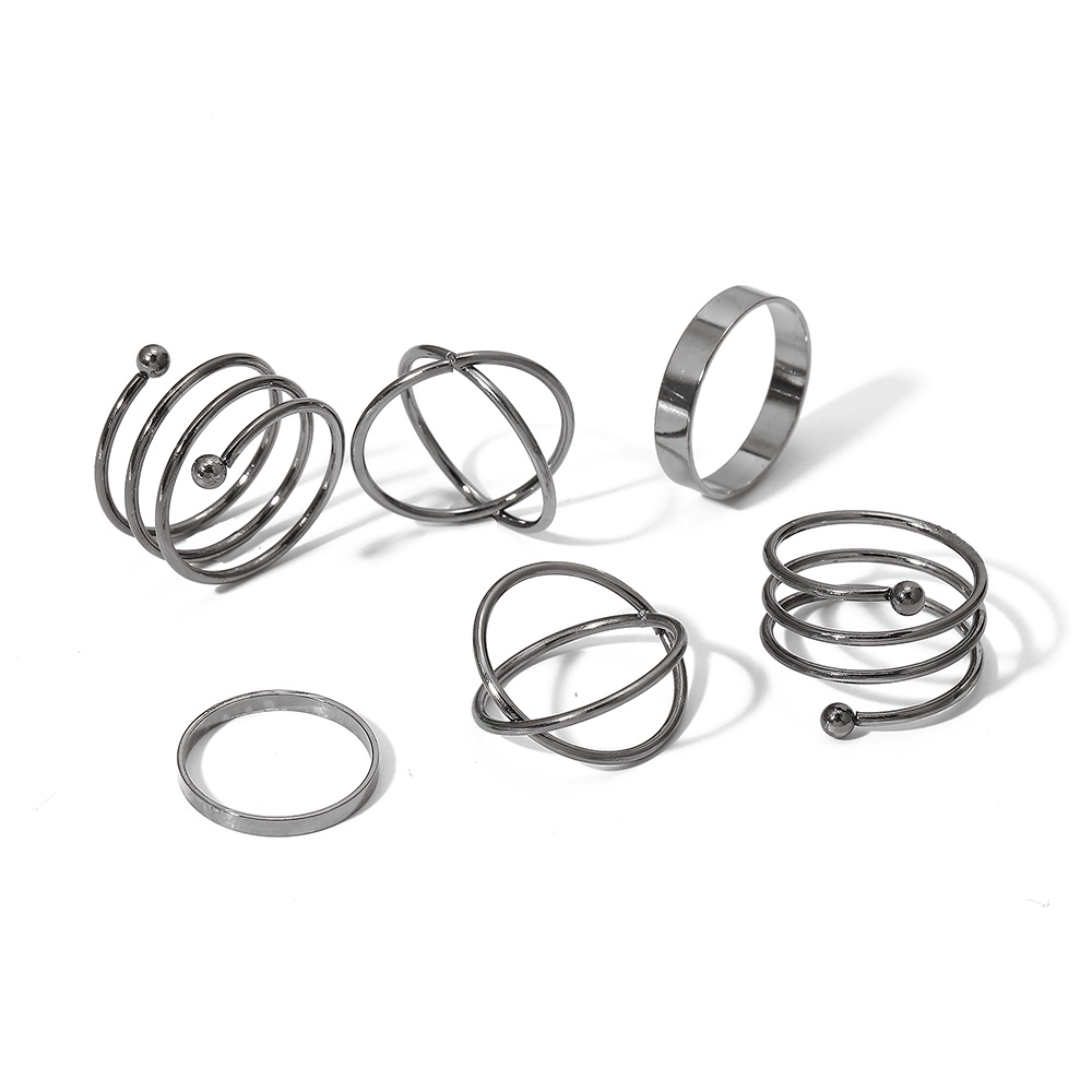 6pcs / Set Cincin Spiral Geometri Bahan Metal Warna Hitam Untuk Wanita