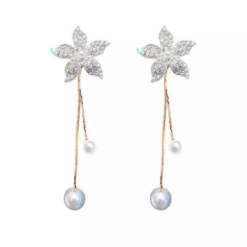 Sterling silver jarum yang temperamental fairy bunga anting-anting all-match 5 daun Mutiara Bunga ru