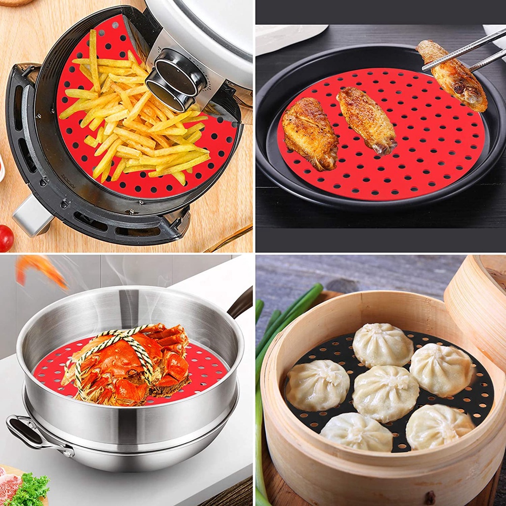 QUINTON Steaming Basket Air Fryer Liners Round Grill Pad Oil Mats Reusable Kitchen Steamer Pot Silicone Non-Stick Baking Tools/Multicolor