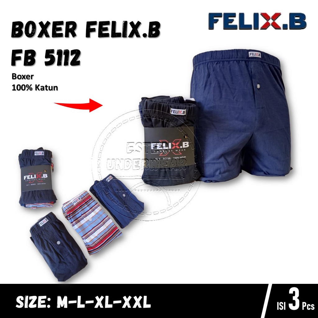 Felix.B Celana Boxer Pria FB 5112 ISI 3Pcs Motif Polos