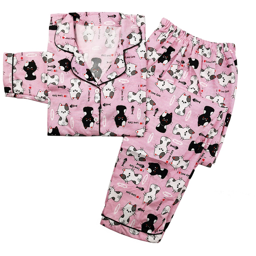 Stelan Baju Tidur Piyama Dewasa Lengan Panjang All Size Motif Lumina-PPL CAT STRIP PINK