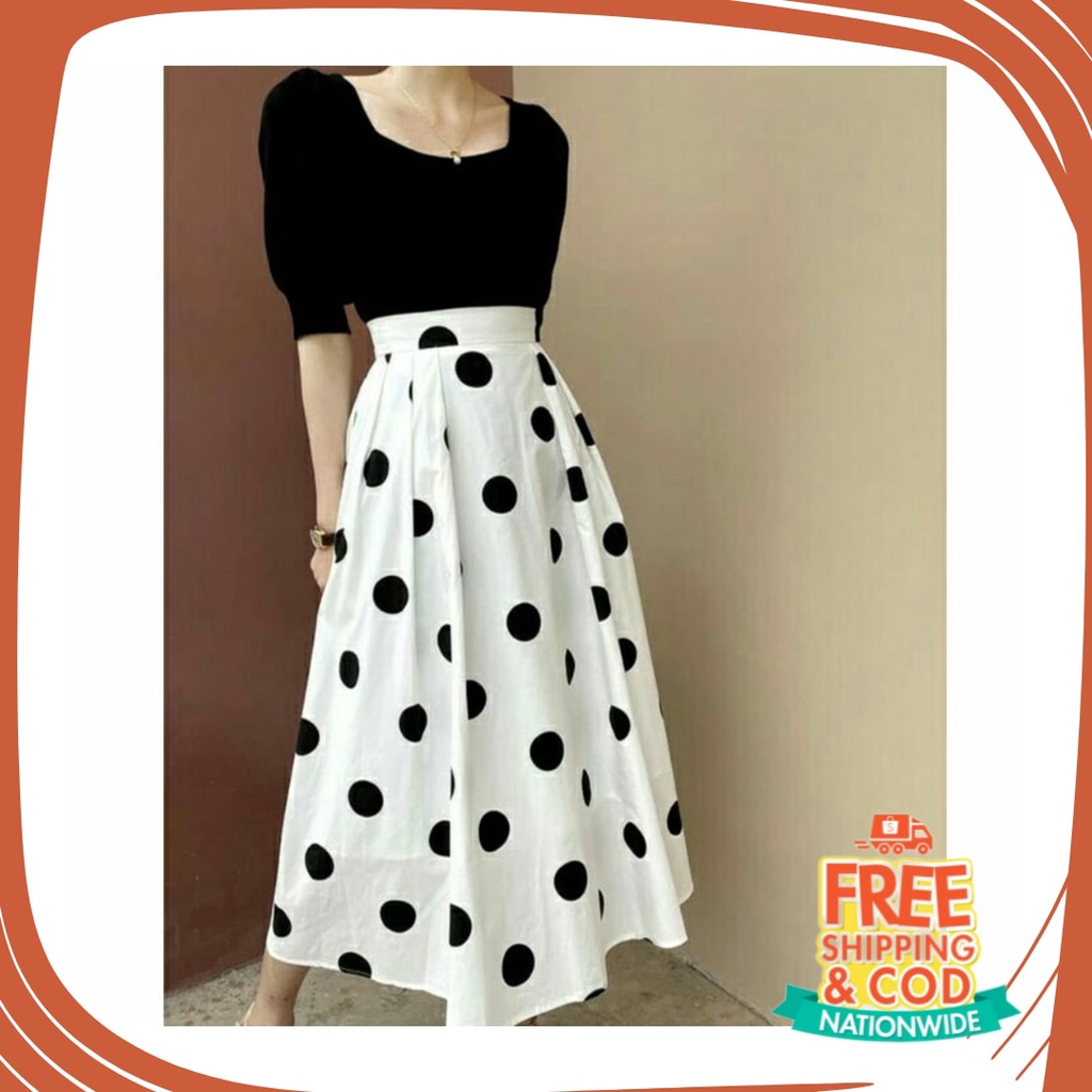 Plisket Jins Dnim MEkar biru merah hitam kuning hijau putih abu /  5152 Rok panjang polkadot skirt w