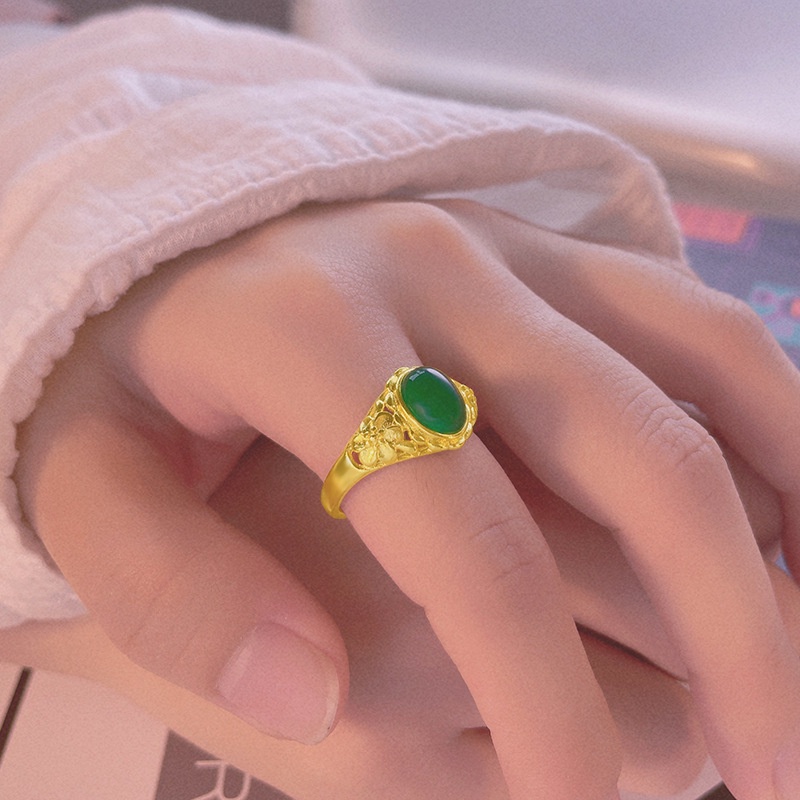 Cincin Emas Asli Kadar 375 Desain Bunga Melati Hijau Chalcedony 3D Untuk Wanita